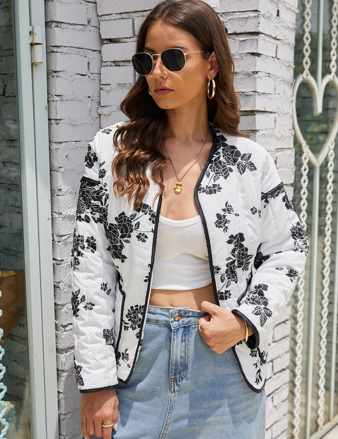 imageWomens Cropped Puffer Quilted Jacket Lightweight Long Sleeve Padded Floral Print Puffy Cardigan Outwear CoatWhite