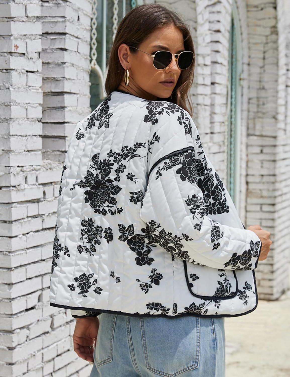 imageWomens Cropped Puffer Quilted Jacket Lightweight Long Sleeve Padded Floral Print Puffy Cardigan Outwear CoatWhite