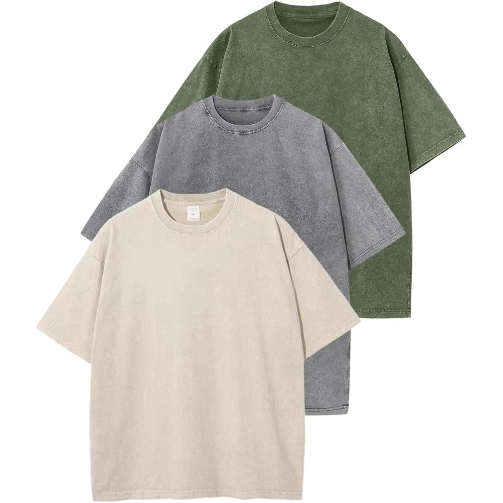imageArssm 3 Pack Men Oversized T Shirts Vintage Tee Loose Fit Short Sleeve Casual Streetwear Baggy Washed Unisex TopsArmygreybeige