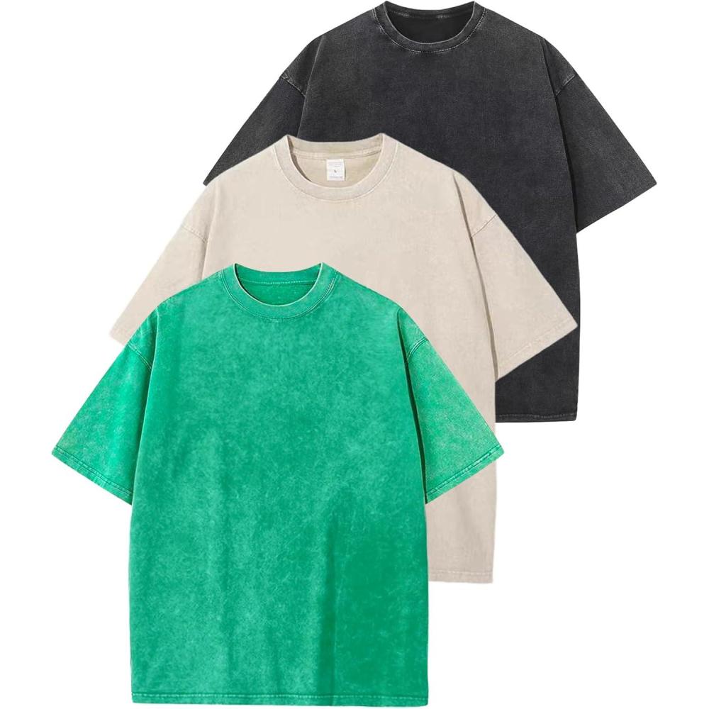 imageArssm 3 Pack Men Oversized T Shirts Vintage Tee Loose Fit Short Sleeve Casual Streetwear Baggy Washed Unisex TopsBlackbeigegreen