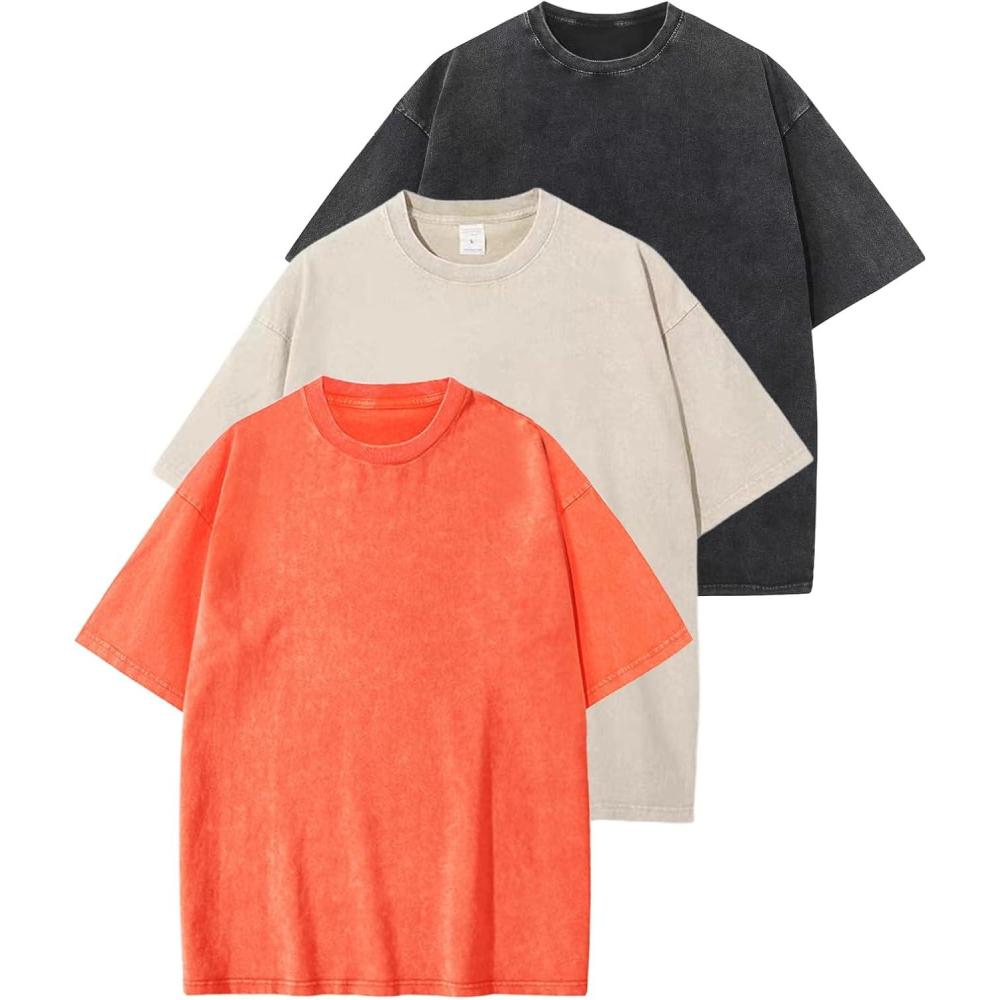 imageArssm 3 Pack Men Oversized T Shirts Vintage Tee Loose Fit Short Sleeve Casual Streetwear Baggy Washed Unisex TopsBlackbeigeorange