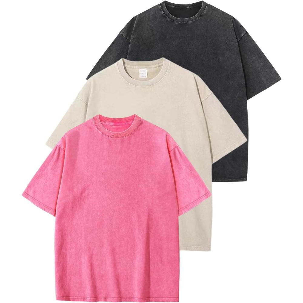imageArssm 3 Pack Men Oversized T Shirts Vintage Tee Loose Fit Short Sleeve Casual Streetwear Baggy Washed Unisex TopsBlackbeigepink