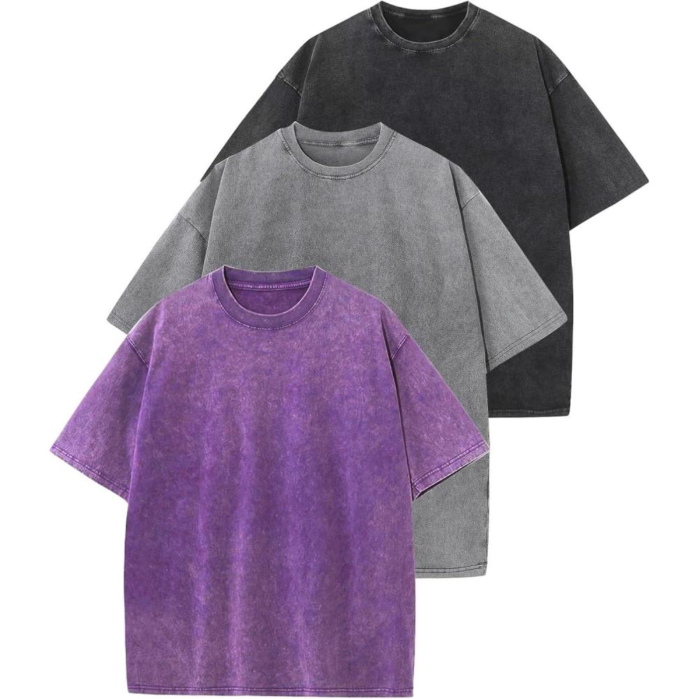imageArssm 3 Pack Men Oversized T Shirts Vintage Tee Loose Fit Short Sleeve Casual Streetwear Baggy Washed Unisex TopsBlackgreypurple