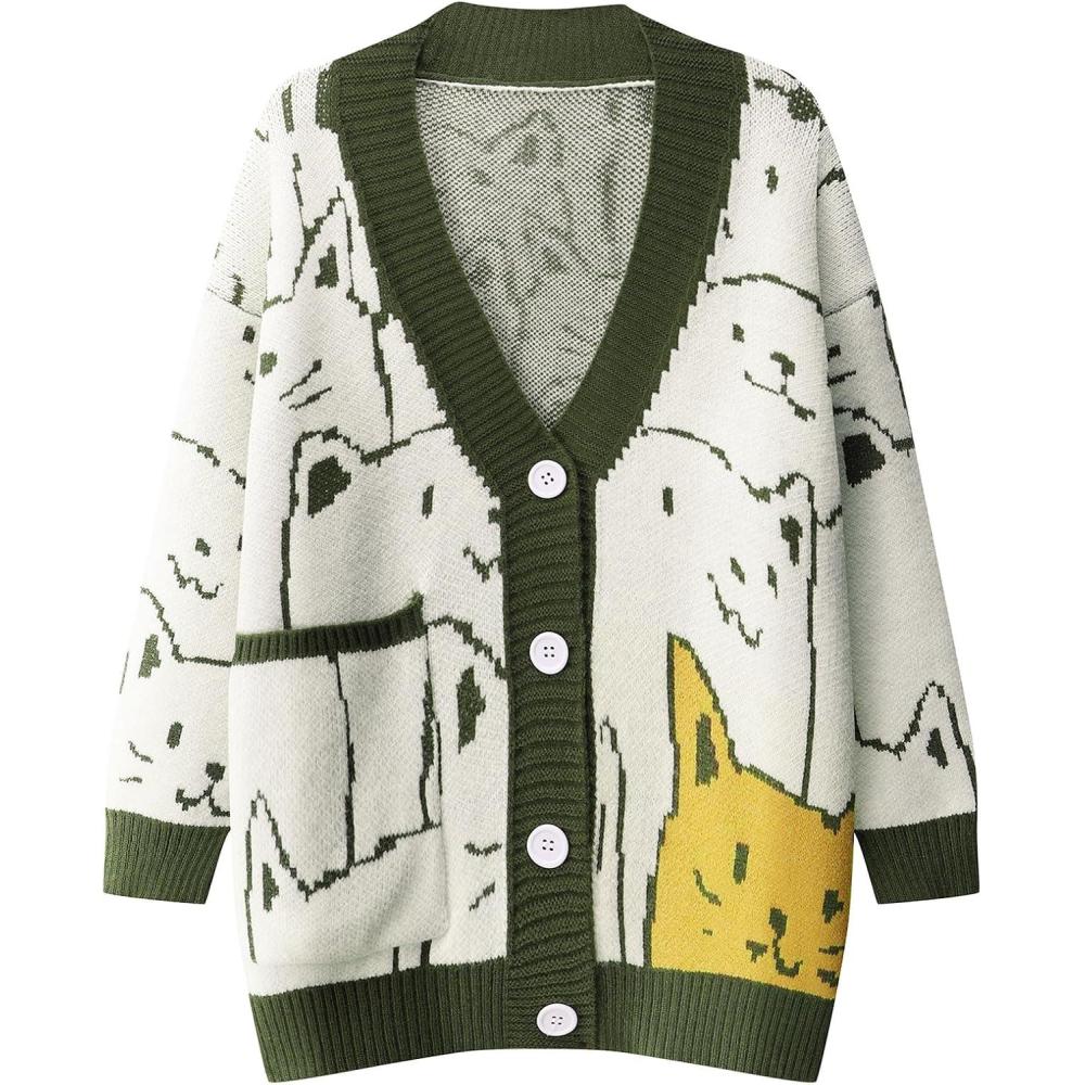 imageArssm Cat Sweater for Women Oversized Button Down V Neck Knit Cardigan Cute Kawaii Cartoon Print Sweater Fall ClothesArmygreen