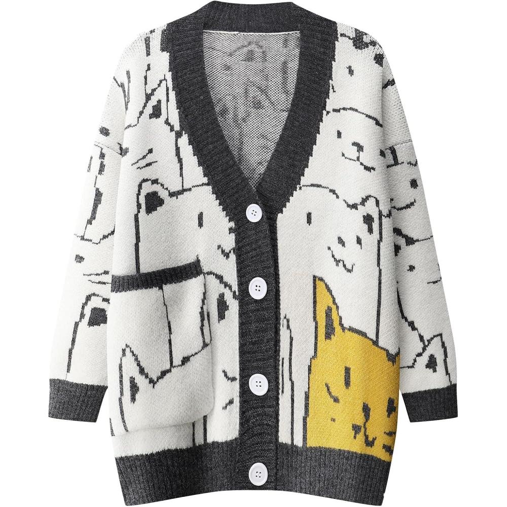 imageArssm Cat Sweater for Women Oversized Button Down V Neck Knit Cardigan Cute Kawaii Cartoon Print Sweater Fall ClothesDarkgrey