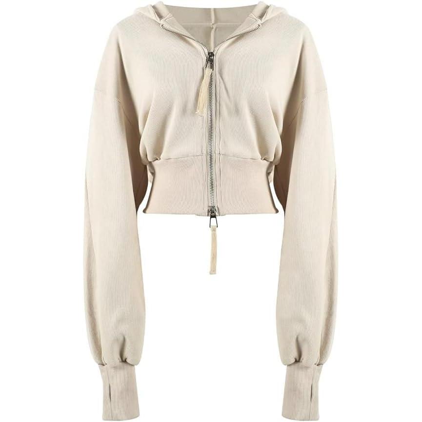 imageArssm Cropped Hoodie Women Zip Up Long Sleeve Sweatshirts Casual Fashion Hooded Workout Jacket Crop TopBeige