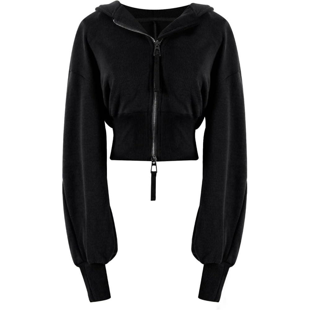imageArssm Cropped Hoodie Women Zip Up Long Sleeve Sweatshirts Casual Fashion Hooded Workout Jacket Crop TopBlack