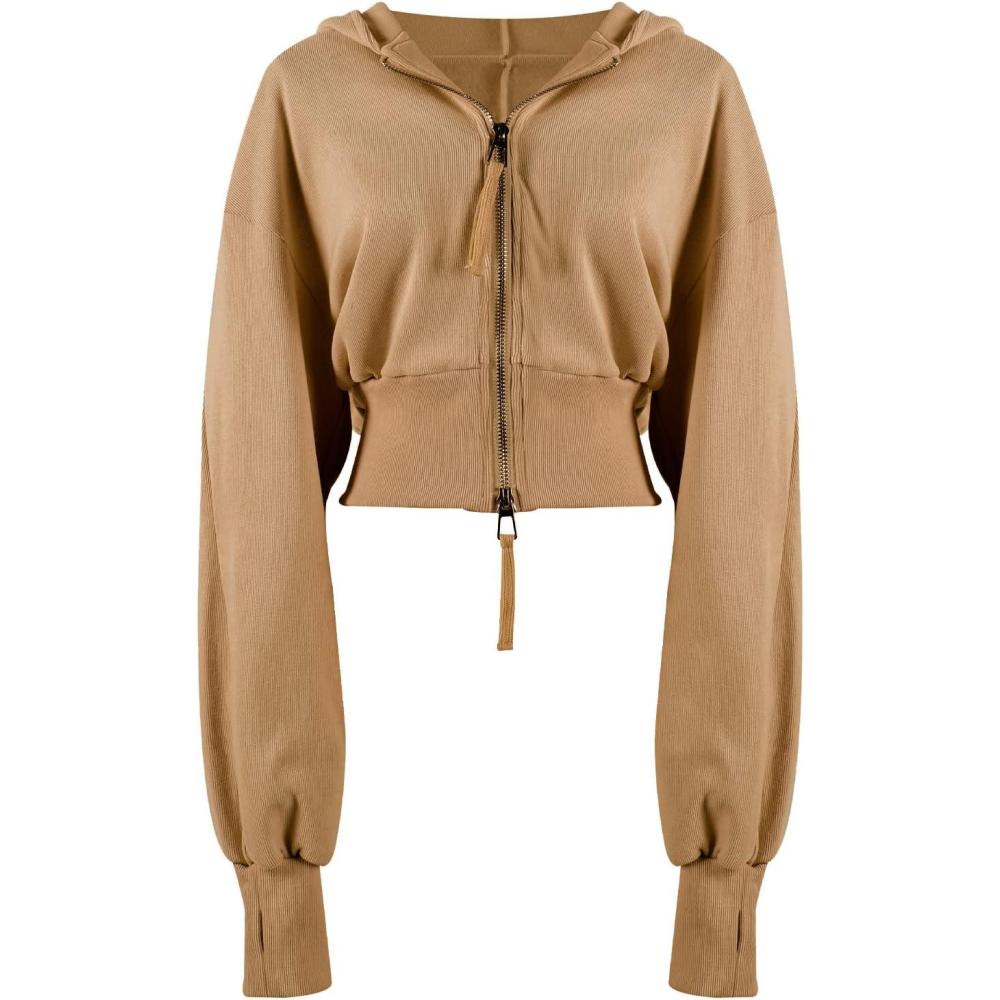 imageArssm Cropped Hoodie Women Zip Up Long Sleeve Sweatshirts Casual Fashion Hooded Workout Jacket Crop TopKhaki