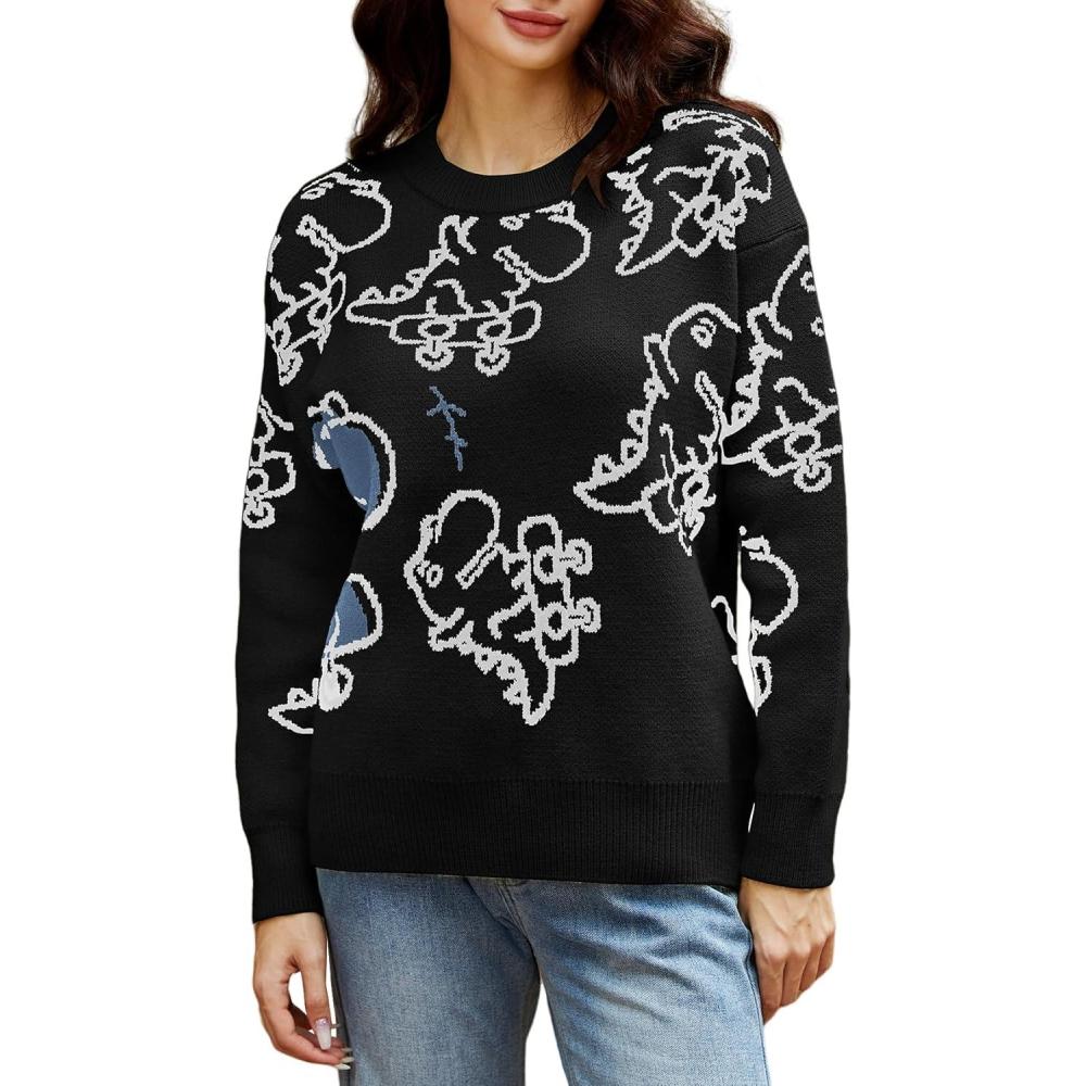 imageArssm Dinosaur Sweater Women y2k Vintage Oversized Graphic Streetwear Knit Sweater Casual Cute Kawaii TopsBlack Dinosaur