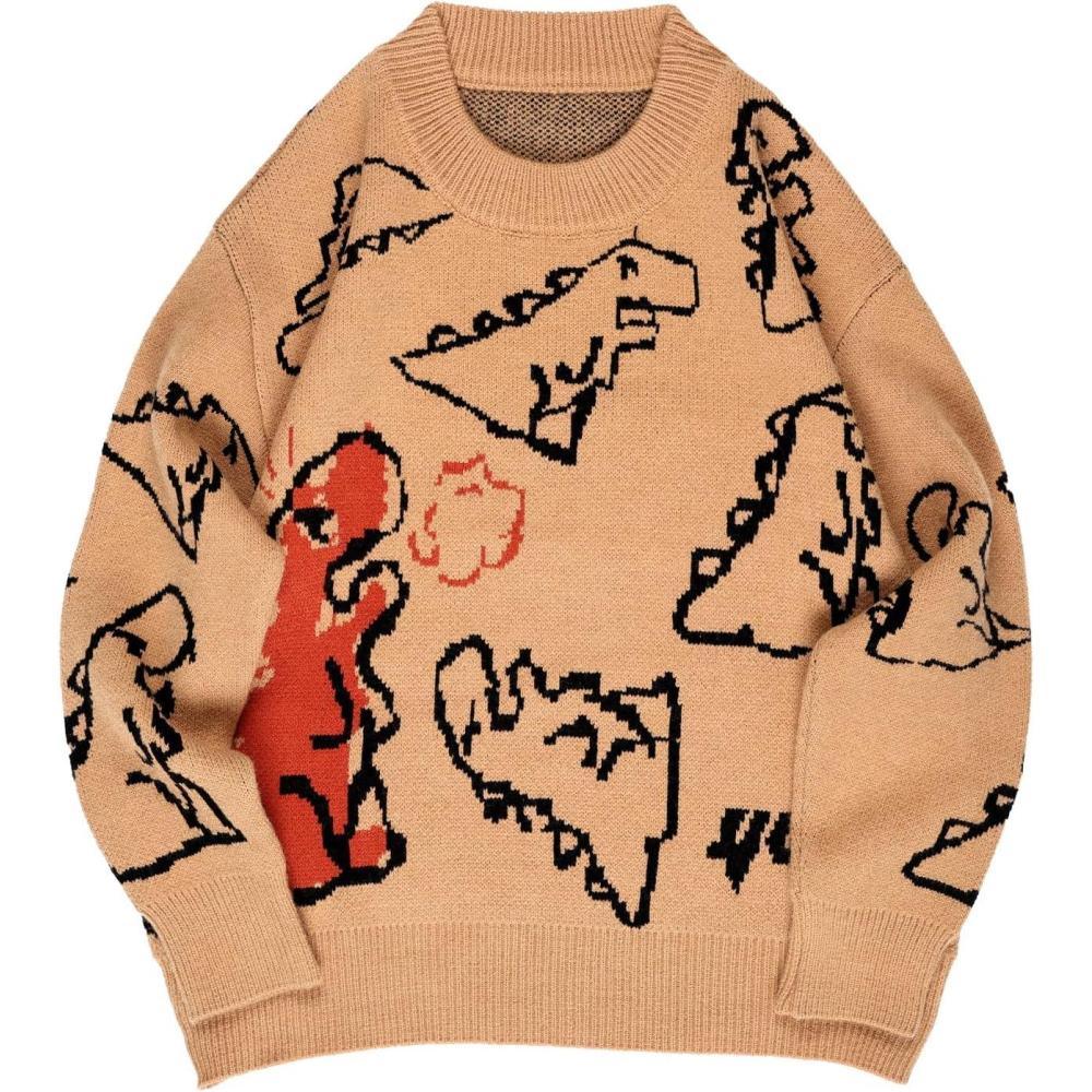 imageArssm Dinosaur Sweater Women y2k Vintage Oversized Graphic Streetwear Knit Sweater Casual Cute Kawaii TopsKhaki