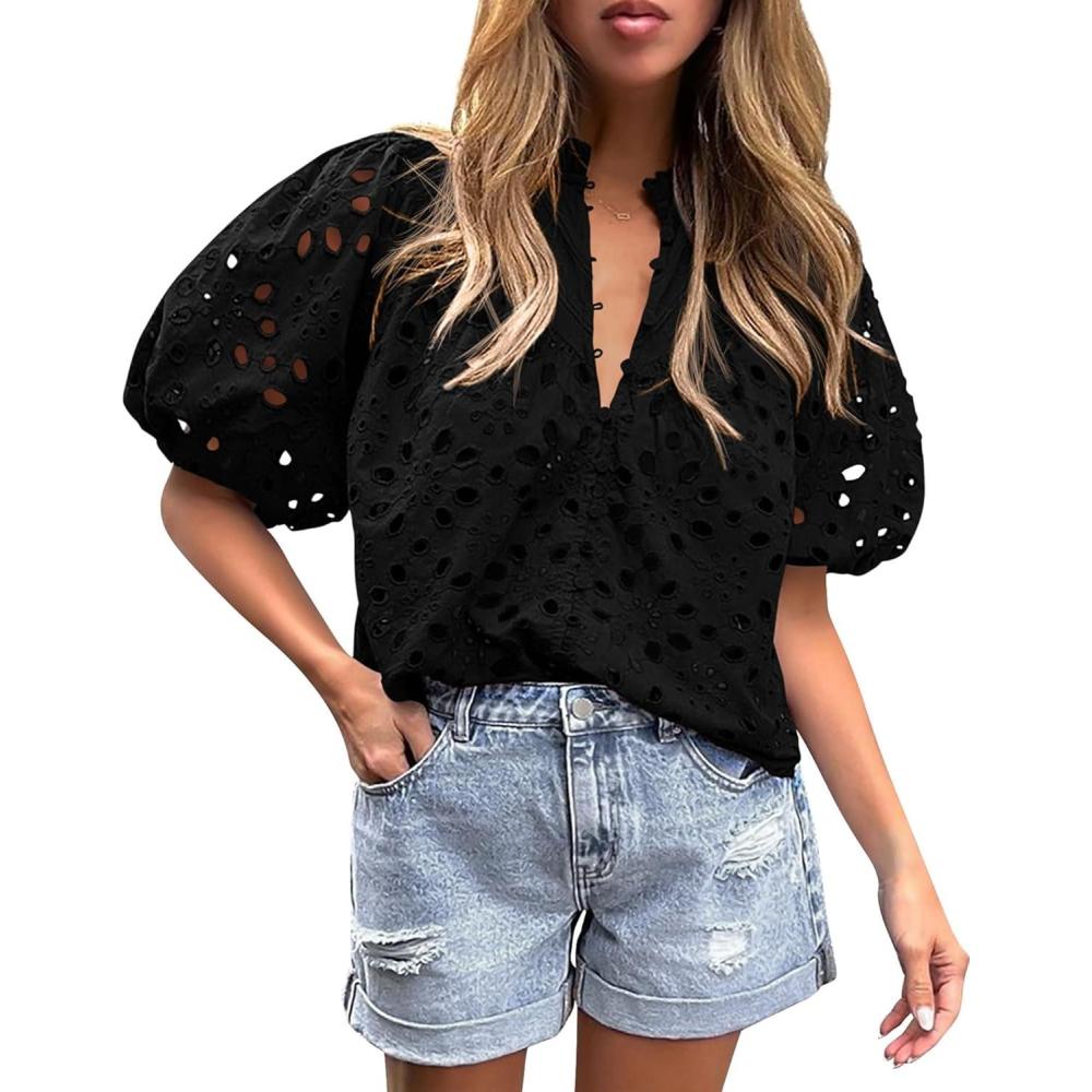 imageArssm Eyelet Tops for Women Puff Sleeve Blouse V Neck Hollow Out Embroidered Buttons Up Summer Dressy ShirtsBlackL Large