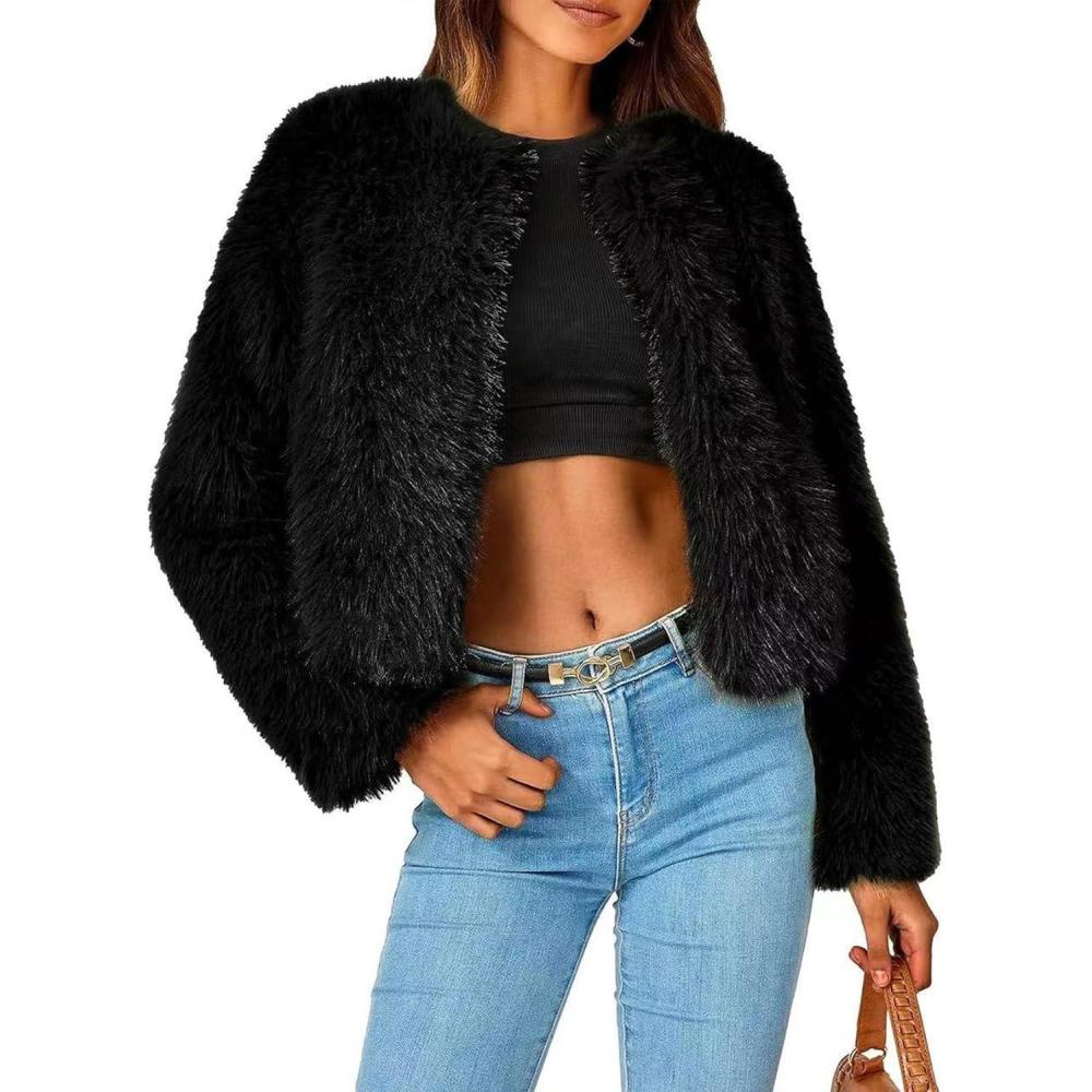 imageArssm Faux Fur Jacket Women Long Sleeve Open Front Cropped Cardigan Warm Winter Shaggy Fluffy Short Fur CoatBlackS