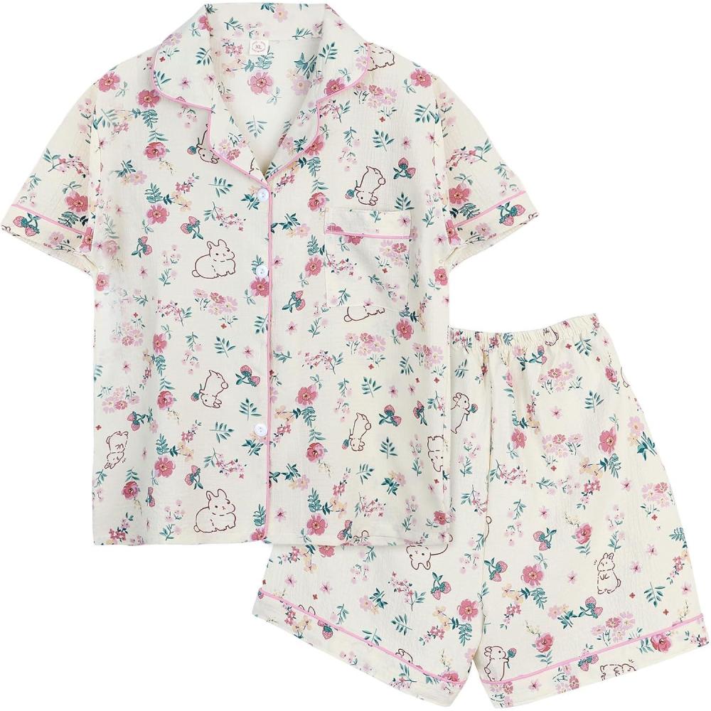 imageArssm Floral Pajama Set Women Cute Kawaii 2 Piece Matching Pj Set Aesthetic Short Sleeve Sleeping LoungewearBunny