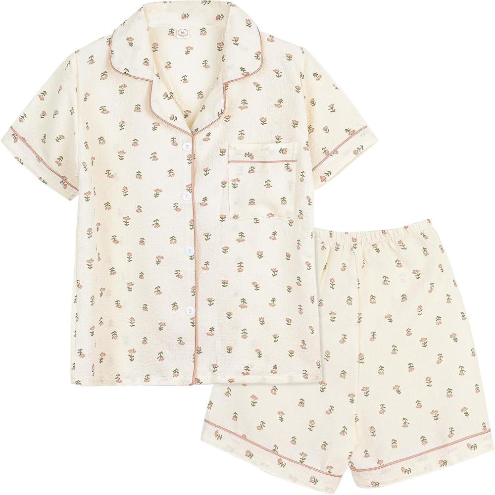 imageArssm Floral Pajama Set Women Cute Kawaii 2 Piece Matching Pj Set Aesthetic Short Sleeve Sleeping LoungewearFloral