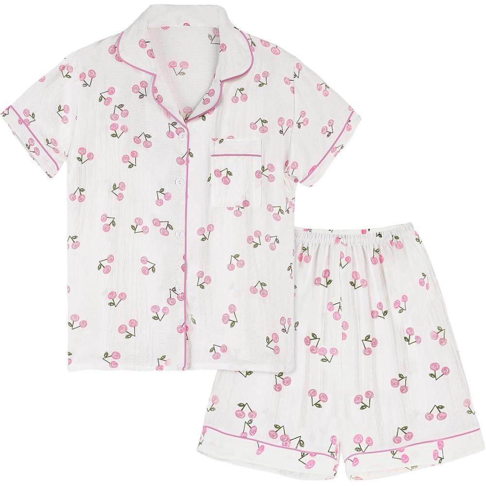 imageArssm Floral Pajama Set Women Cute Kawaii 2 Piece Matching Pj Set Aesthetic Short Sleeve Sleeping LoungewearPinkcherry