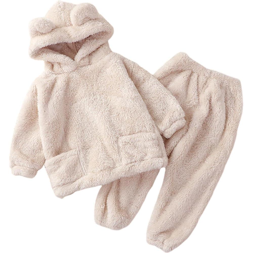 imageArssm Girl Pants Sets Two Pieces Outfit Kids Bear Ear Fuzzy Fluffy Hoodie Sweatshirt with Fleece SweatpantsBeige