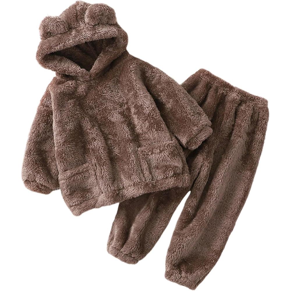 imageArssm Girl Pants Sets Two Pieces Outfit Kids Bear Ear Fuzzy Fluffy Hoodie Sweatshirt with Fleece SweatpantsBrown