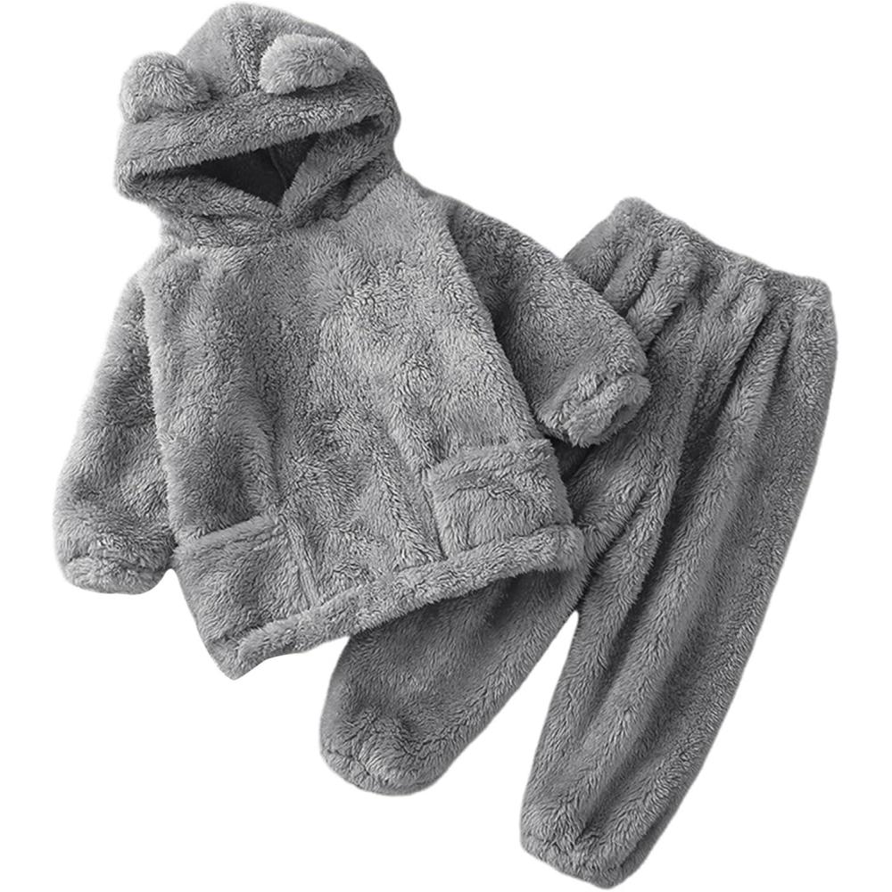 imageArssm Girl Pants Sets Two Pieces Outfit Kids Bear Ear Fuzzy Fluffy Hoodie Sweatshirt with Fleece SweatpantsGrey