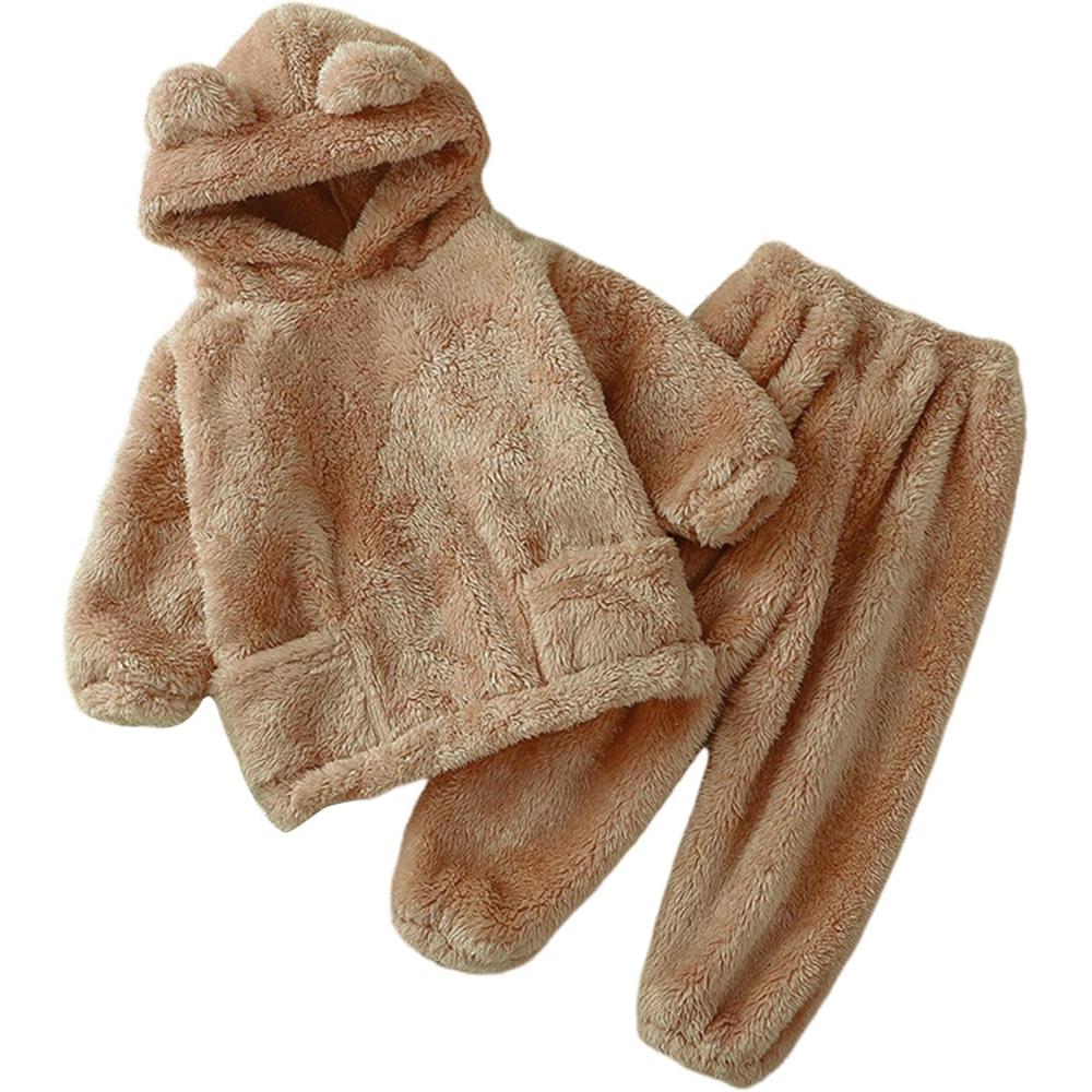imageArssm Girl Pants Sets Two Pieces Outfit Kids Bear Ear Fuzzy Fluffy Hoodie Sweatshirt with Fleece SweatpantsKhaki