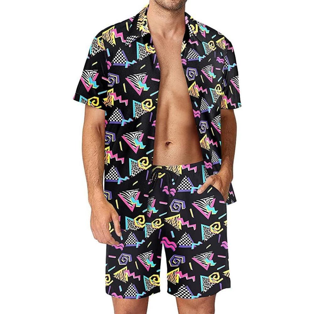 imageArssm Mens 2 Pieces Vintage Shirts and Shorts Set 80s 90s Outfit Button Down Beach Suit Quick Dry for Vintage Halloween PartyBlack