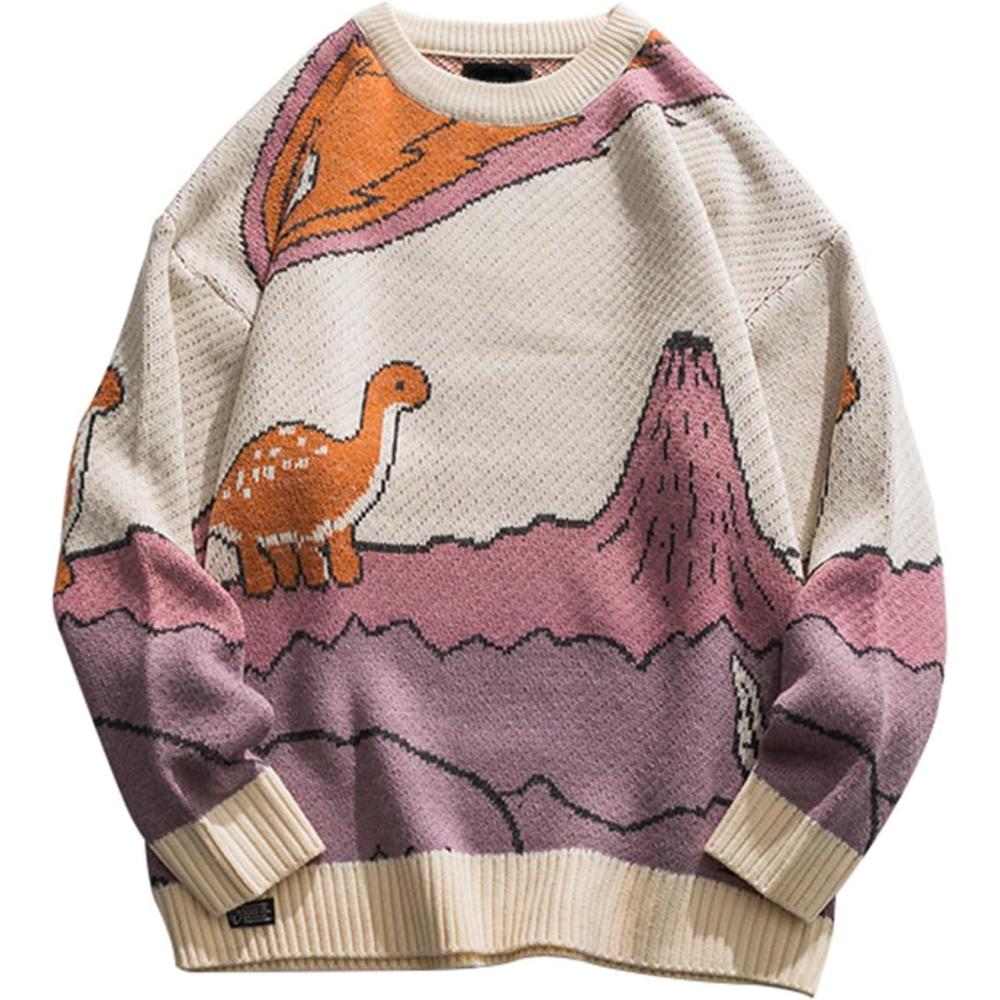imageArssm Mens Oversized Dinosaur Knit Pullover Sweater Fashion Cartoon Unisex Sweater Long Sleeve Crewneck Vintage TopsBeige