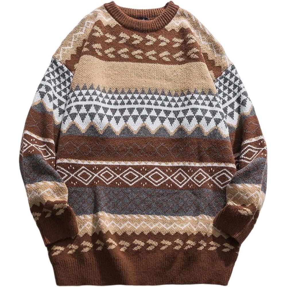 imageArssm Mens Vintage Sweater Grandpa Oversized Cable Knit Crewneck Pullovers Casual Long Sleeve Striped SweaterBrown