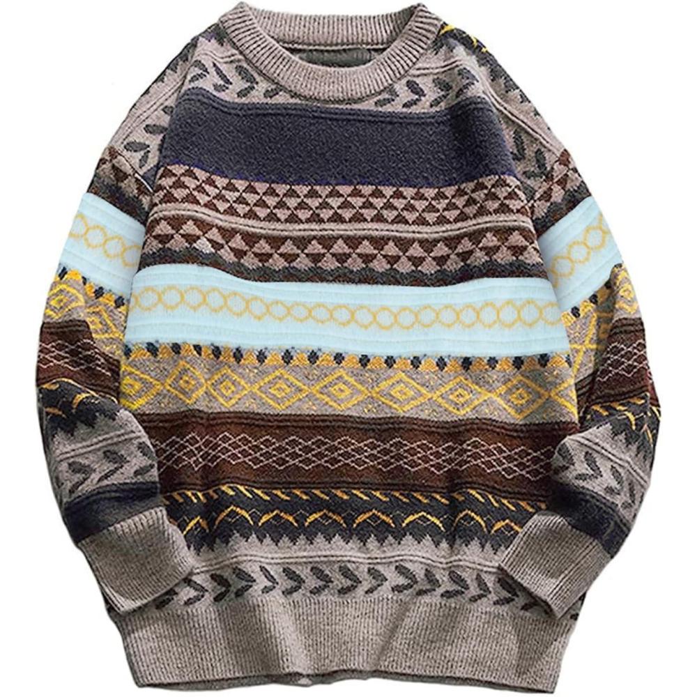 imageArssm Mens Vintage Sweater Grandpa Oversized Cable Knit Crewneck Pullovers Casual Long Sleeve Striped SweaterGrey