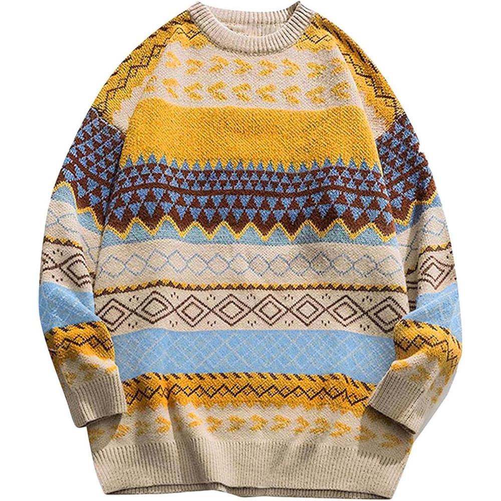 imageArssm Mens Vintage Sweater Grandpa Oversized Cable Knit Crewneck Pullovers Casual Long Sleeve Striped SweaterYellow
