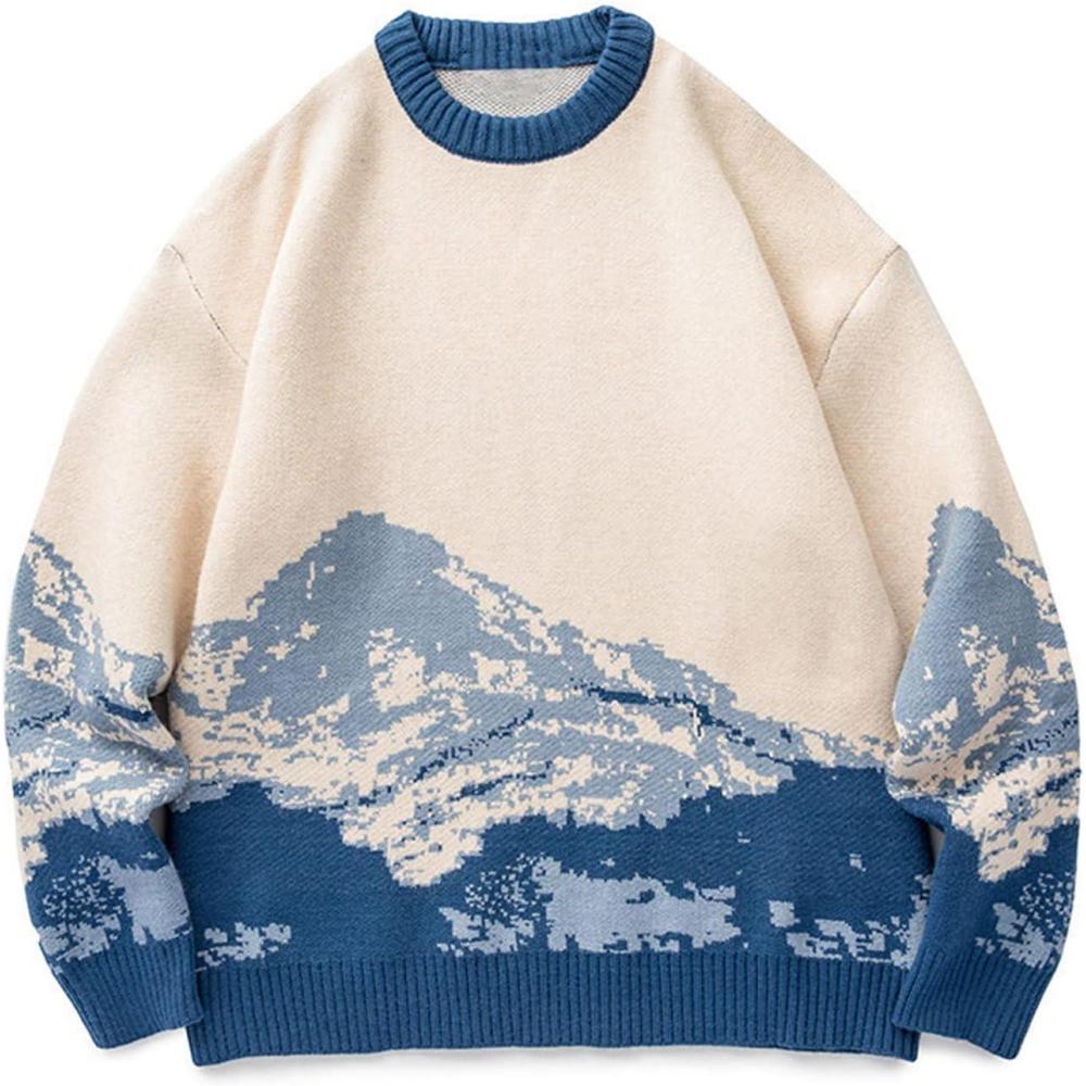 imageArssm Mens Vintage Sweater Grandpa y2k Oversized Casual Cable Knit Sweater Pullover Graphic Crewneck TopsBlue