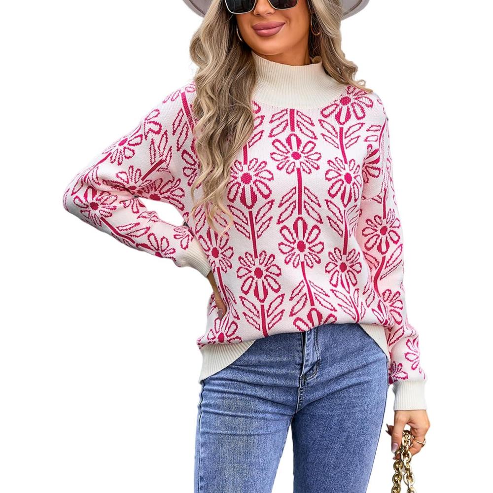 imageArssm Pullover Sweaters Women Mock Neck Long Sleeve Flower Knit Sweaters Tops Fall OutfitsRose Red