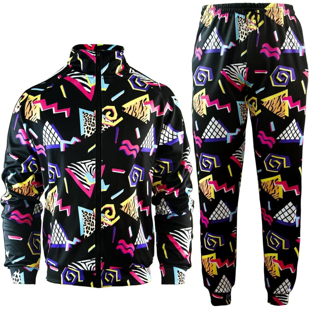 imageArssm Retro 80s 90s Outfit Sets for Men Vintage Jacket and Joggers Sweatpants 80s Tracksuit StreetwearBlack
