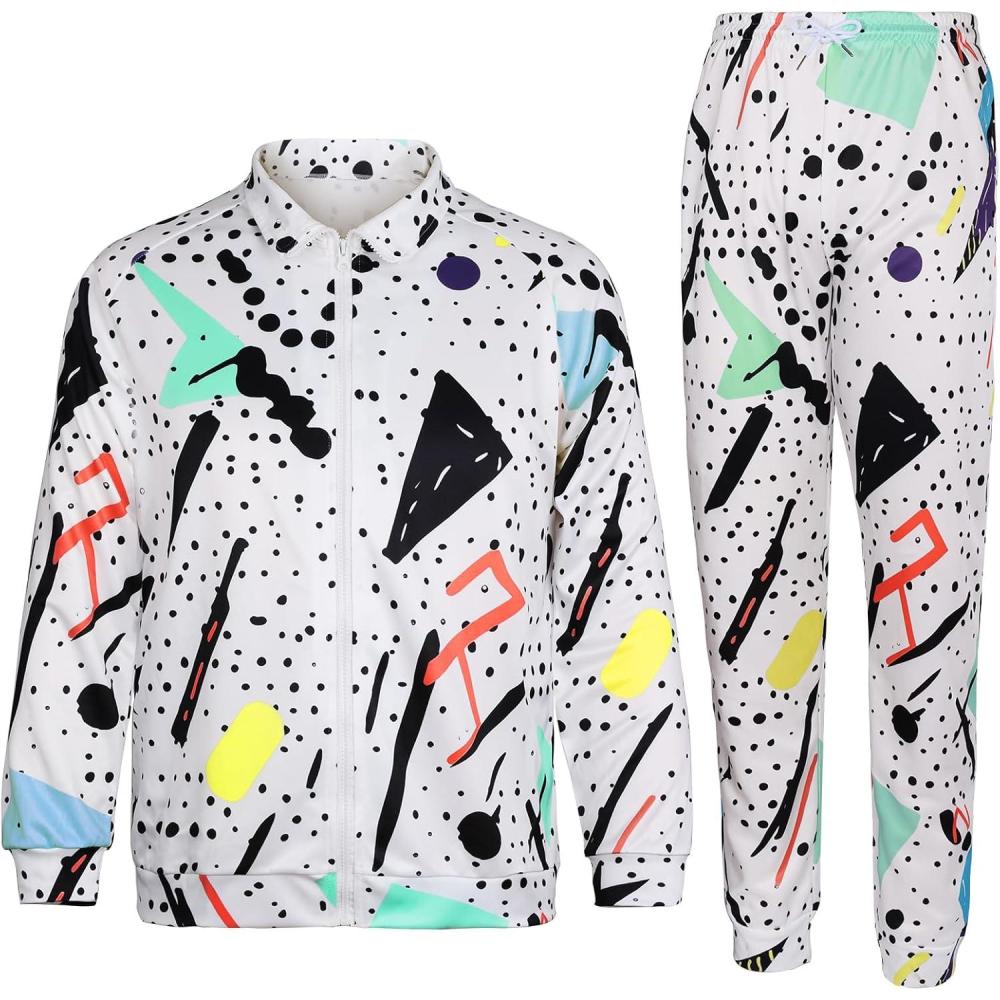 imageArssm Retro 80s 90s Outfit Sets for Men Vintage Jacket and Joggers Sweatpants 80s Tracksuit StreetwearWhite