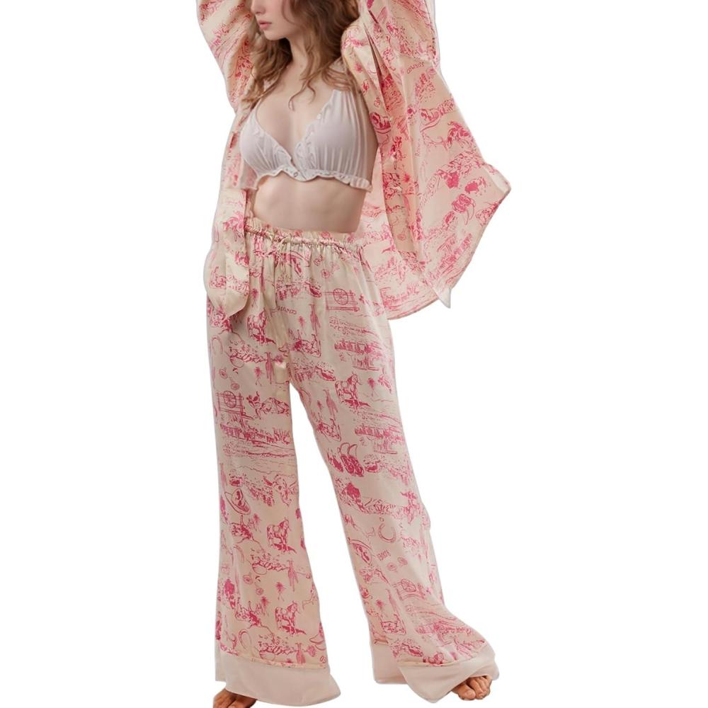 imageArssm Women 2 Piece Satin Silk Pajama Set Floral Long Sleeve Pajamas Soft Button Down Pjs Set SleepwearApricot