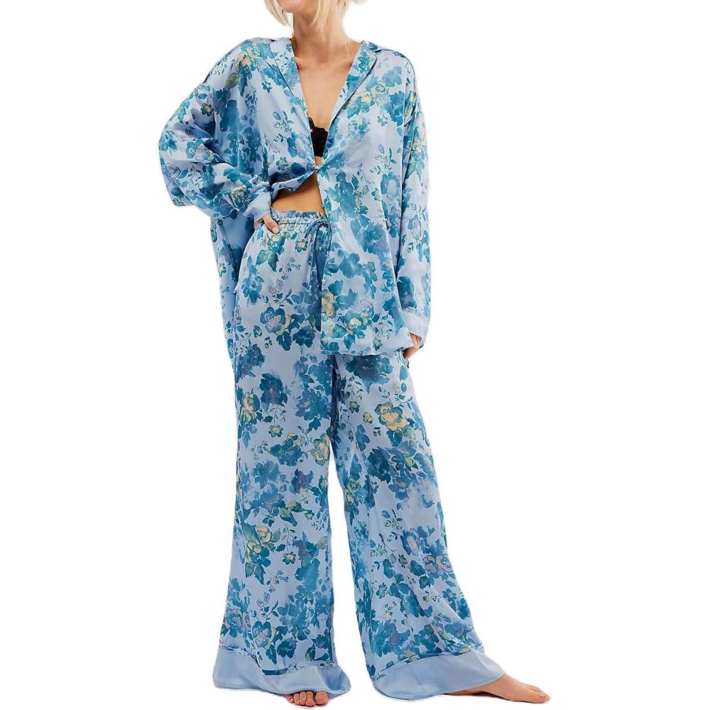 imageArssm Women 2 Piece Satin Silk Pajama Set Floral Long Sleeve Pajamas Soft Button Down Pjs Set SleepwearBlue
