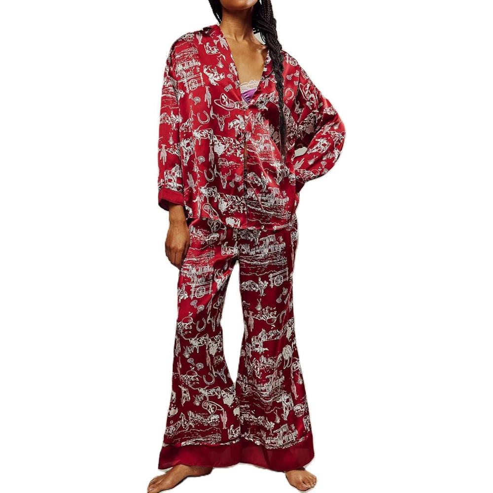 imageArssm Women 2 Piece Satin Silk Pajama Set Floral Long Sleeve Pajamas Soft Button Down Pjs Set SleepwearBrickred