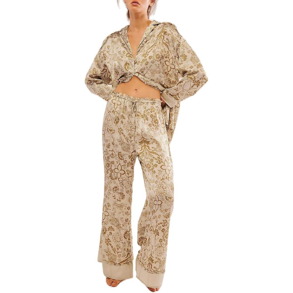 imageArssm Women 2 Piece Satin Silk Pajama Set Floral Long Sleeve Pajamas Soft Button Down Pjs Set SleepwearKhaki