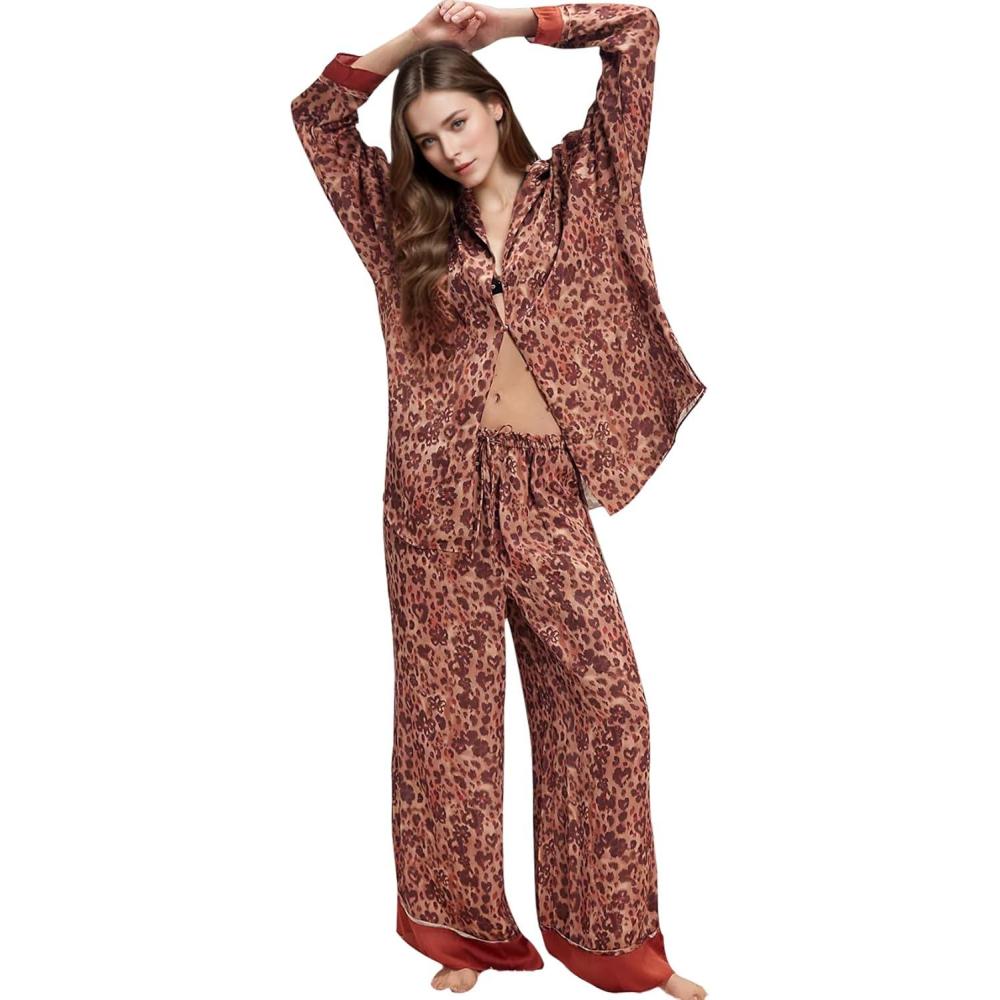 imageArssm Women 2 Piece Satin Silk Pajama Set Floral Long Sleeve Pajamas Soft Button Down Pjs Set SleepwearLeopard