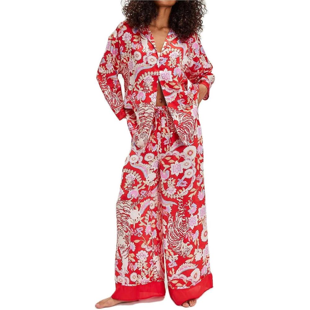 imageArssm Women 2 Piece Satin Silk Pajama Set Floral Long Sleeve Pajamas Soft Button Down Pjs Set SleepwearRed