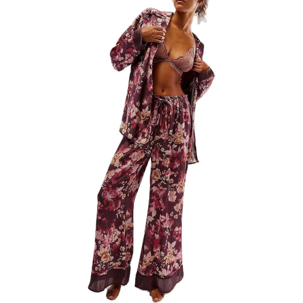 imageArssm Women 2 Piece Satin Silk Pajama Set Floral Long Sleeve Pajamas Soft Button Down Pjs Set SleepwearWinered