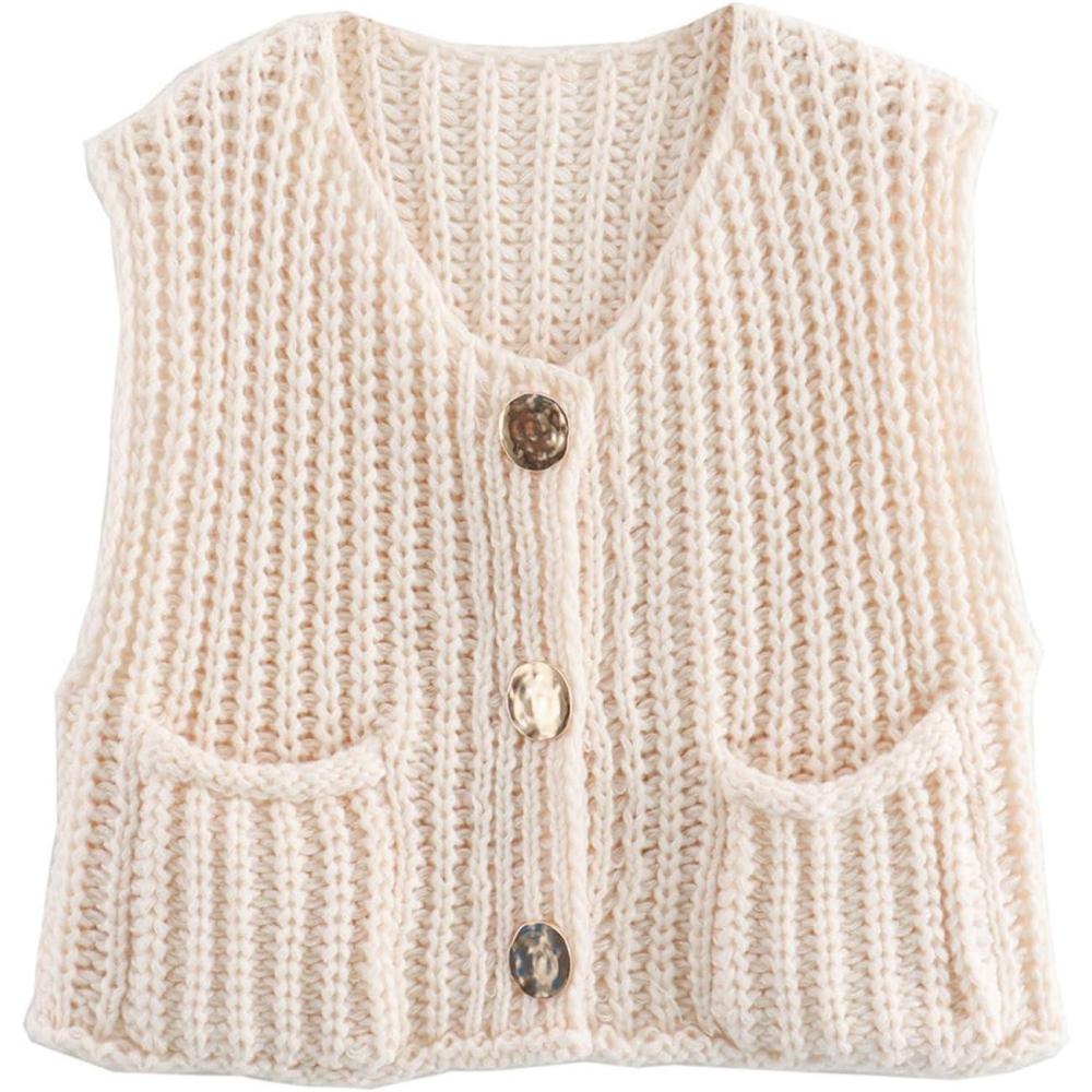 imageArssm Women Button Down Sweater Vest Sleeveless Crop Knit Cardigan Cropped Knitted Sweater Vest with PocketsBeige