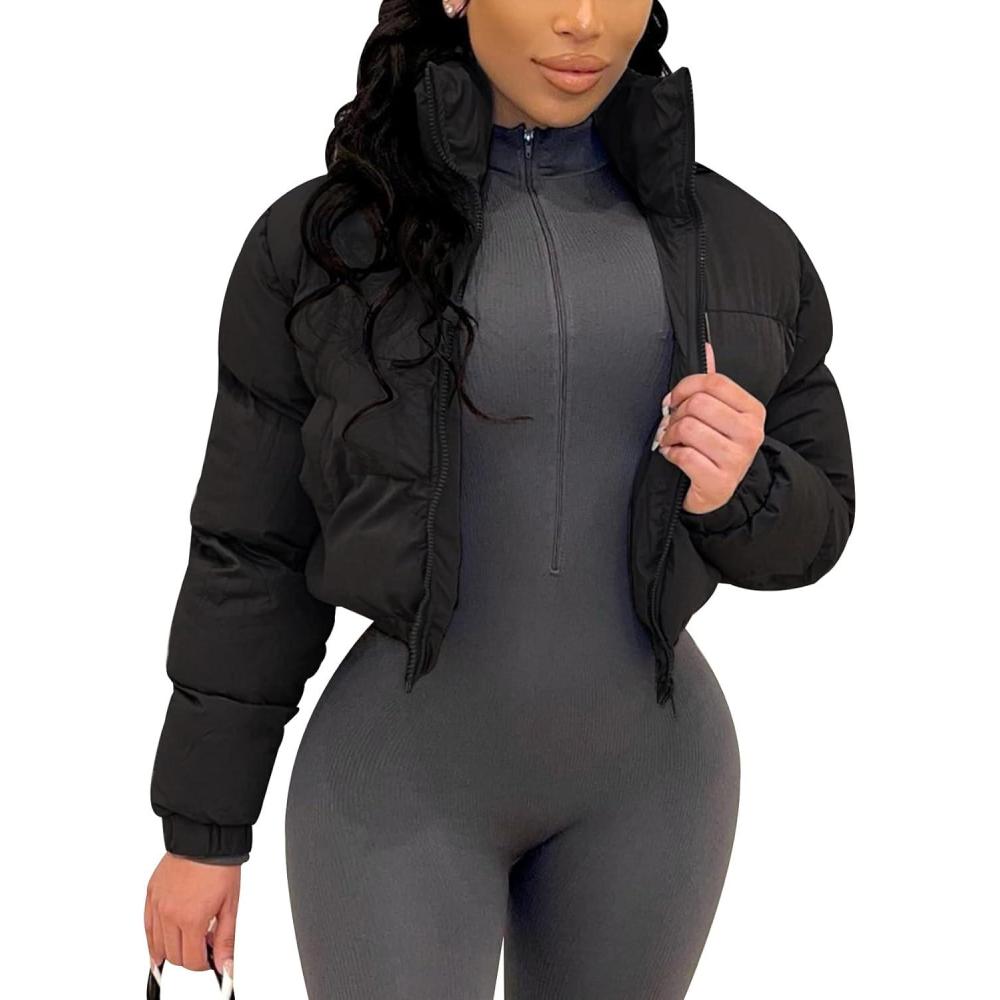 imageArssm Women Cropped Puffer Jackets Casual Winter Warm Padding Quilted Crop Short CoatBlack