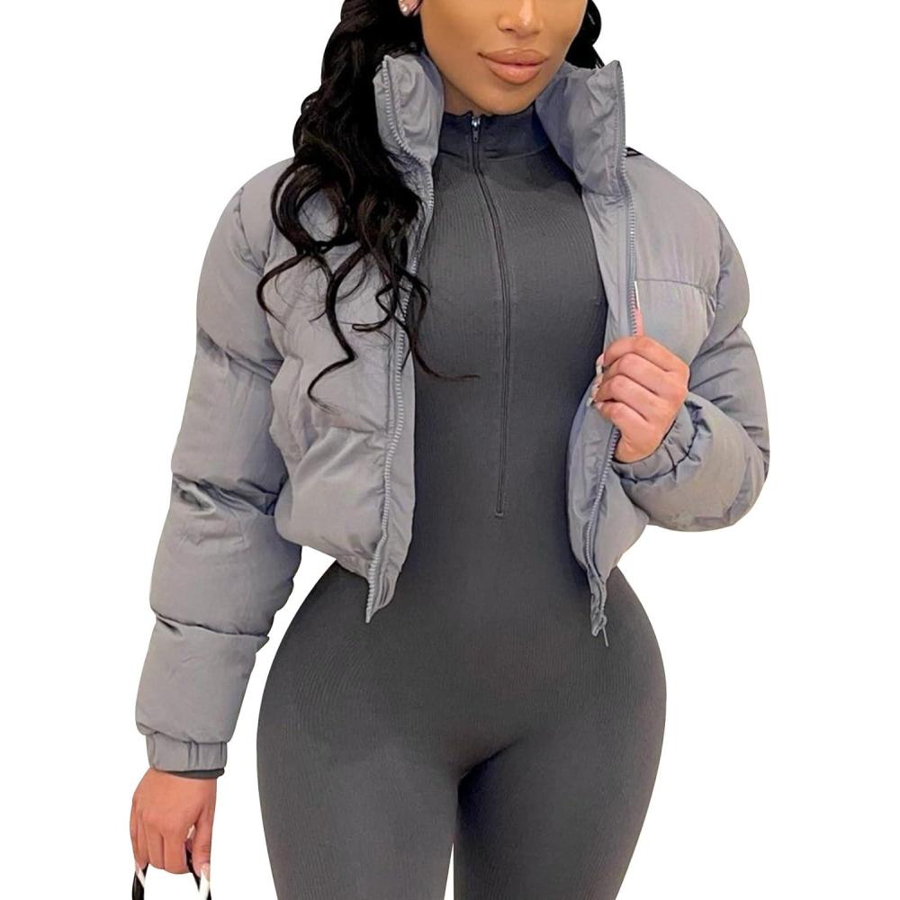 imageArssm Women Cropped Puffer Jackets Casual Winter Warm Padding Quilted Crop Short CoatGrey