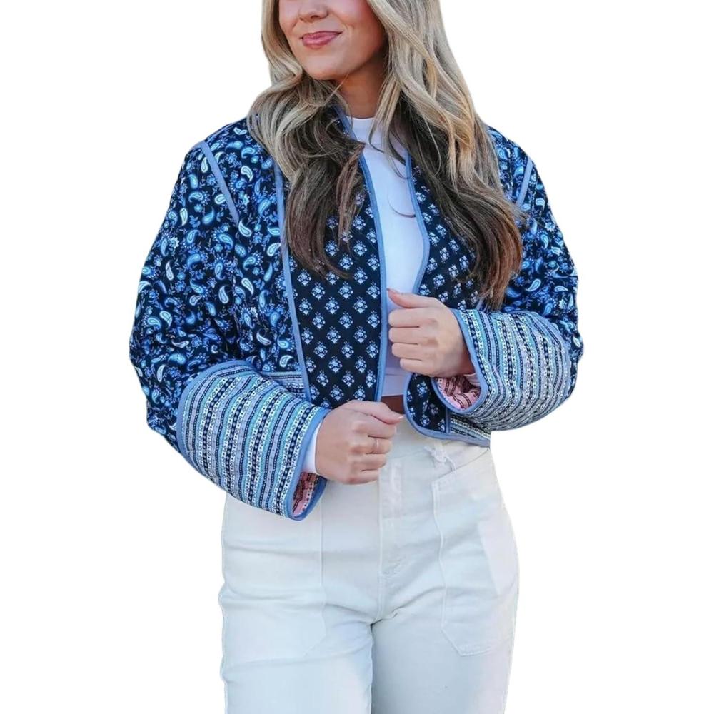 imageArssm Women Floral Quilted Puffer Jacket Cropped Lightweight Patchwork Vintage Padded Short Coat OuterwearBlack