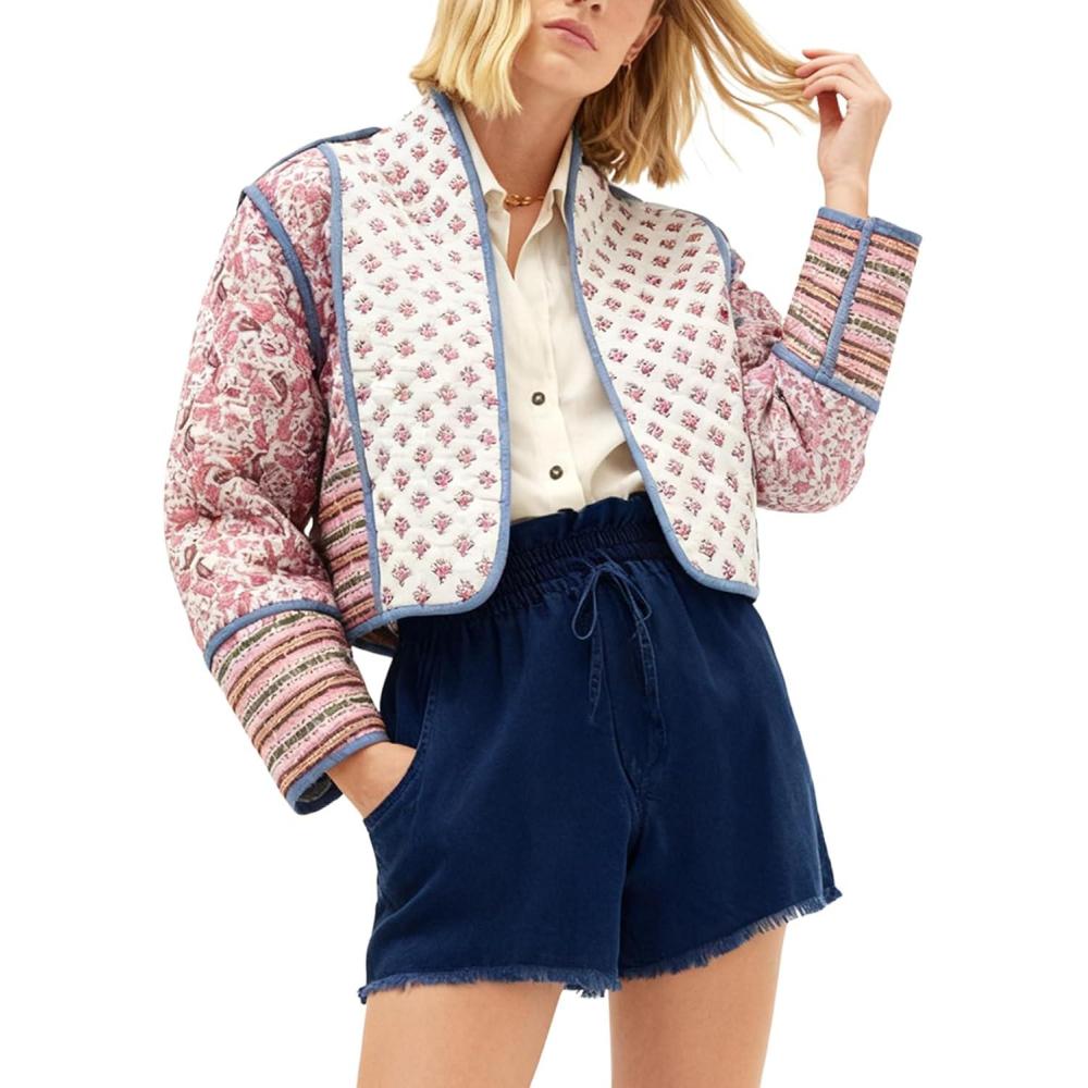 imageArssm Women Floral Quilted Puffer Jacket Cropped Lightweight Patchwork Vintage Padded Short Coat OuterwearPink