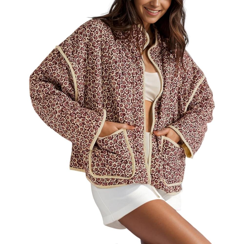 imageArssm Women Floral Quilted Puffer Jacket Cropped Lightweight Patchwork Vintage Padded Short Coat OuterwearRed