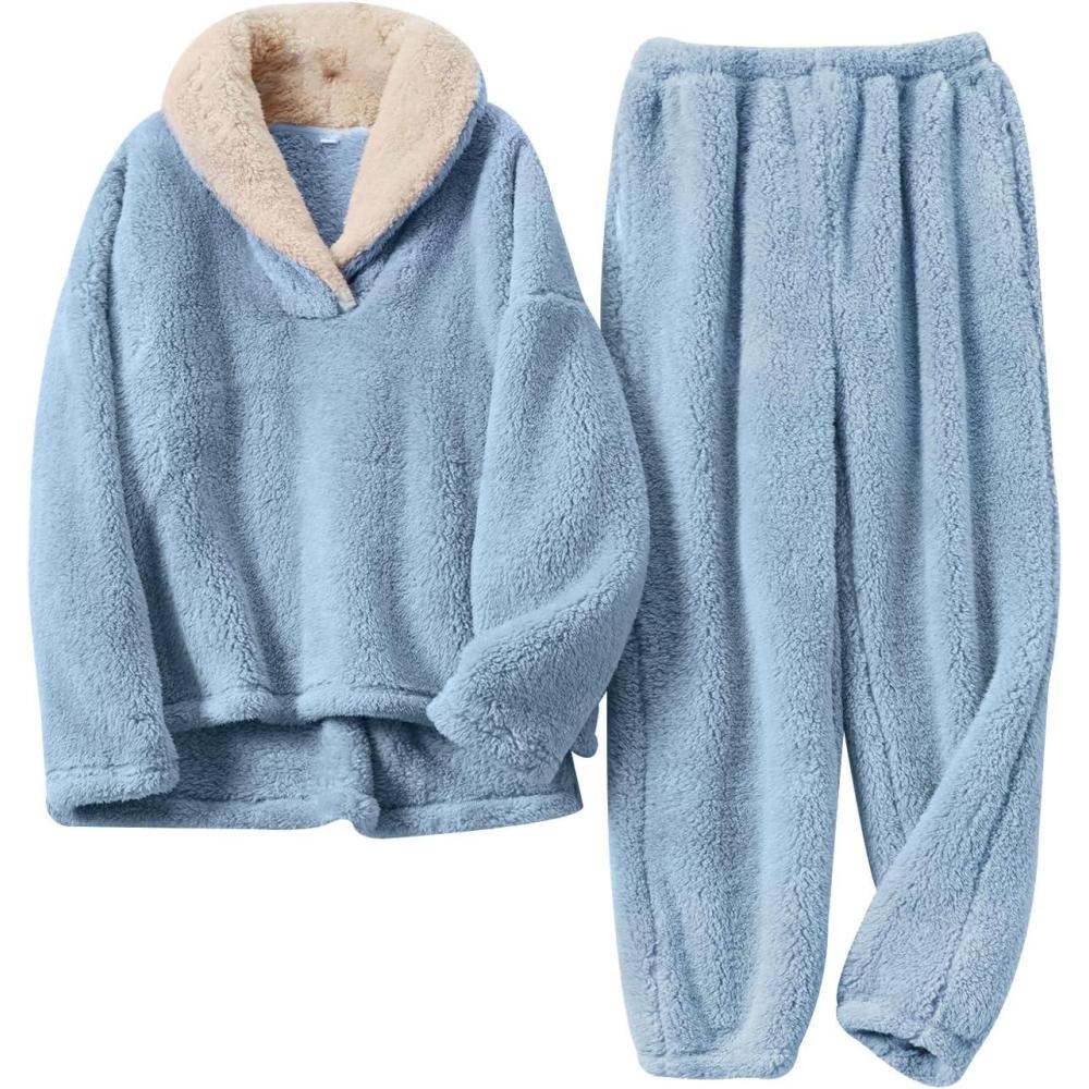 imageArssm Women Fluffy Pajamas Set Fleece Pajamas Winter Warm Loose Plush Fuzzy Sets 2 Piece Cozy SleepwearBlue