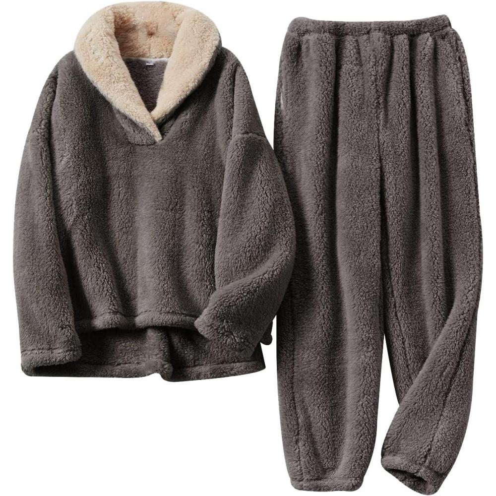 imageArssm Women Fluffy Pajamas Set Fleece Pajamas Winter Warm Loose Plush Fuzzy Sets 2 Piece Cozy SleepwearDarkgrey