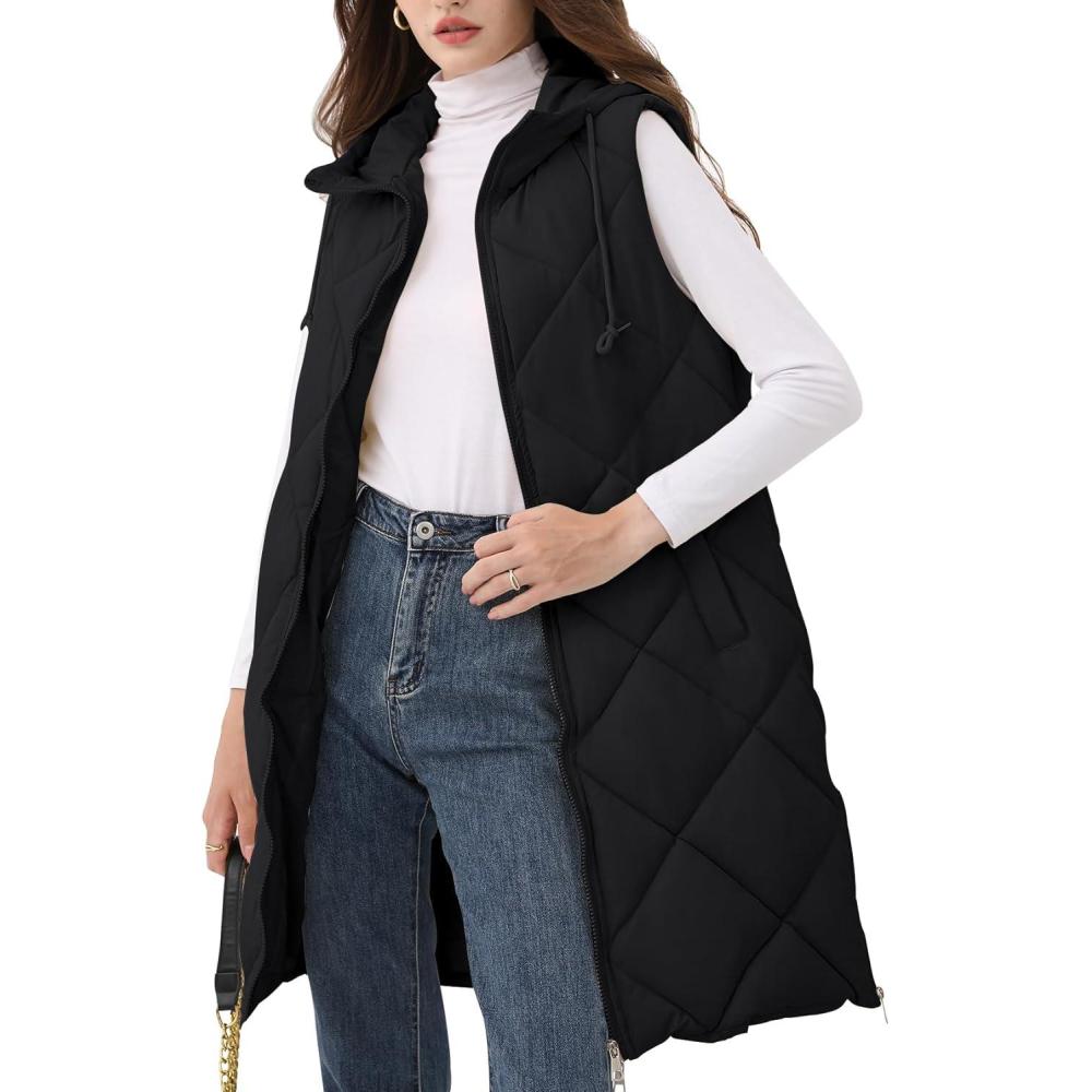 imageArssm Women Long Quilted Puffer Vest with Hoodie Sleeveless Winter Padded Jacket Coat Puffy OuterwearBlackM