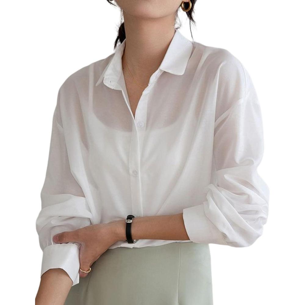 imageArssm Women Sheer Button Up Blouse Mesh Long Sleeve Sexy See Through Tops Fashion Trendy Mesh Shirts TopsWhite