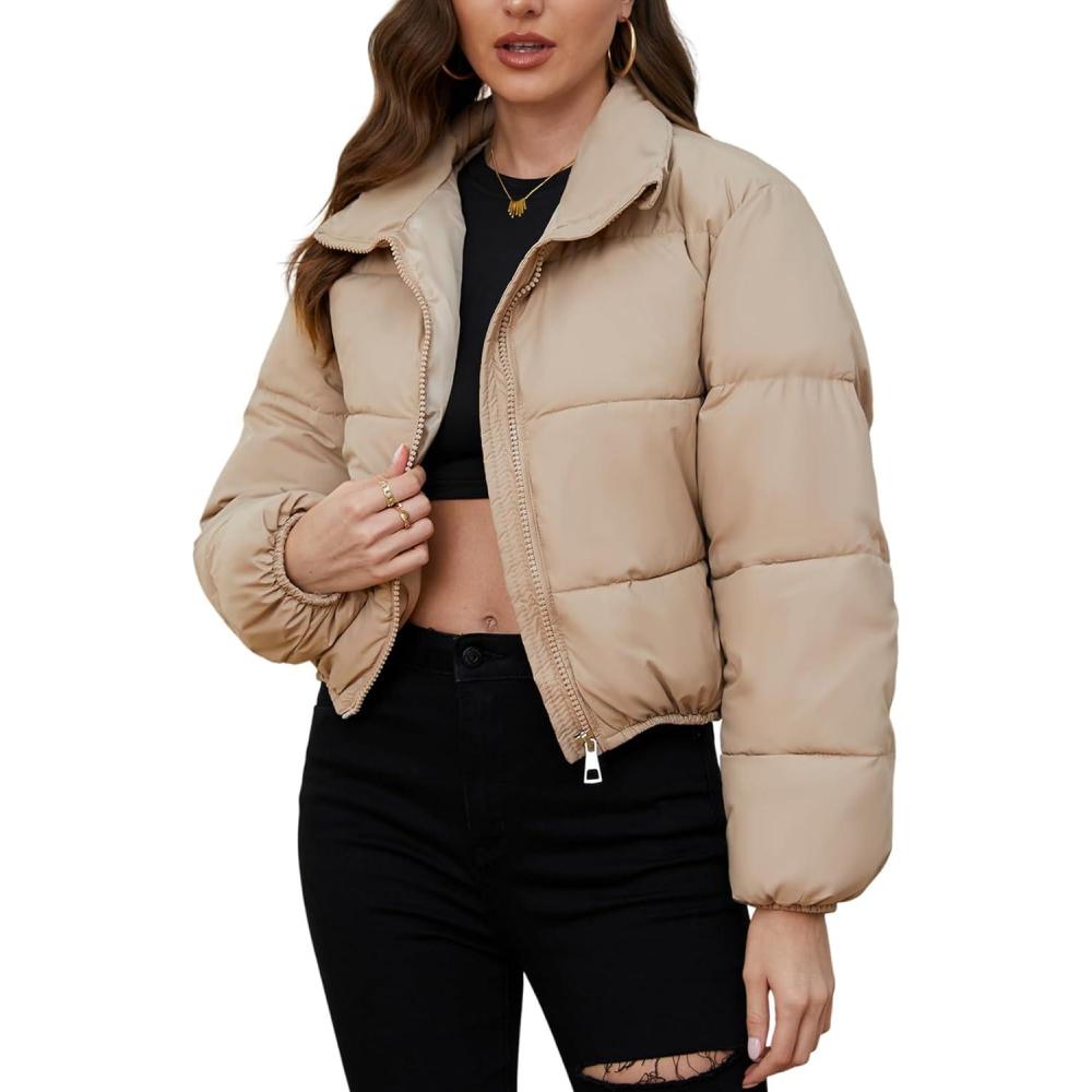 imageArssm Women Short Puffer Jackets Winter Cropped Puffy Coat Padded Full Zip Stand Collar Outerwear with PocketsKhaki